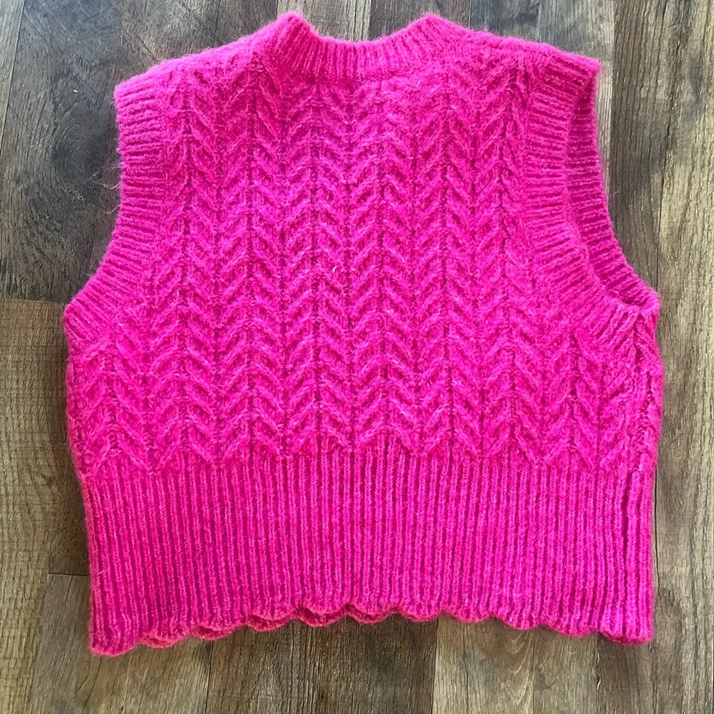 Zara Hot Pink Chunky Cable Knit Wool Alpaca Blend Sweater Vest Small - Picture 4 of 4